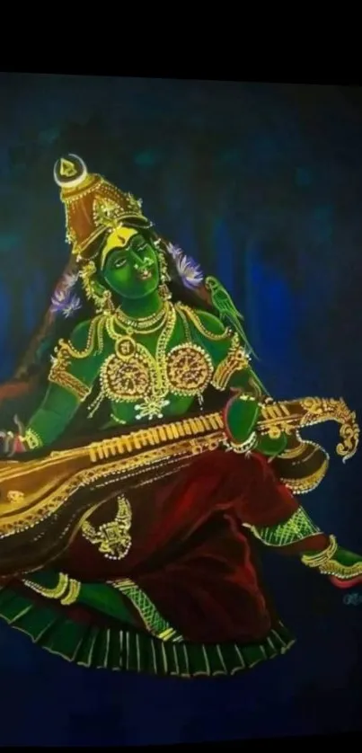 Hindu goddess painting with veena on dark blue background.