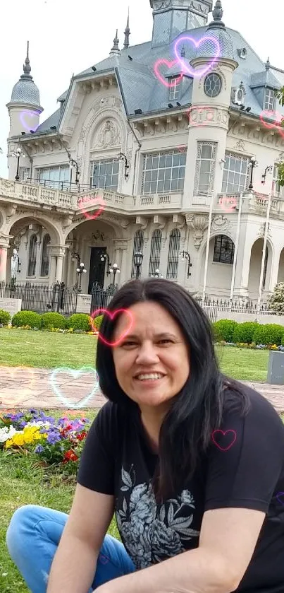 Woman sitting on grass with historic building in background.