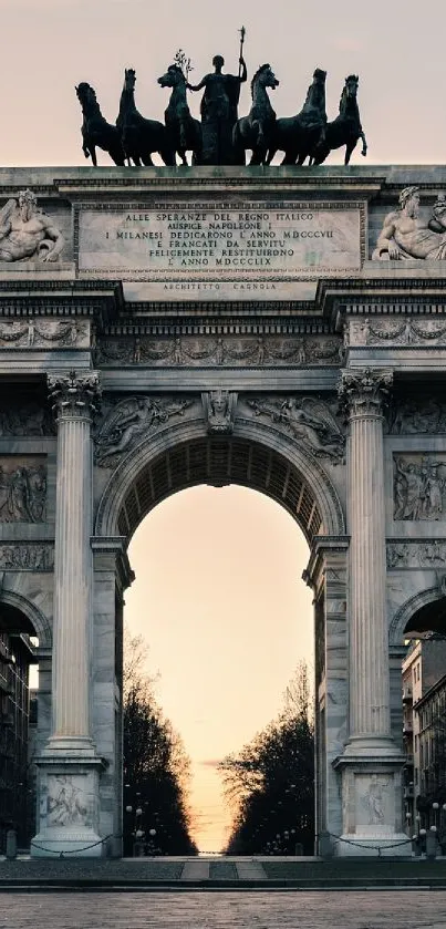 Majestic historical archway at sunset under warm hues.