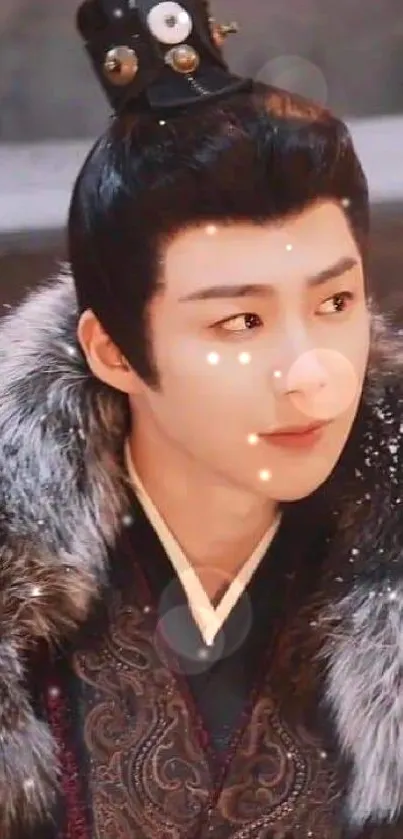 Elegant historical character in intricate attire with fur details.