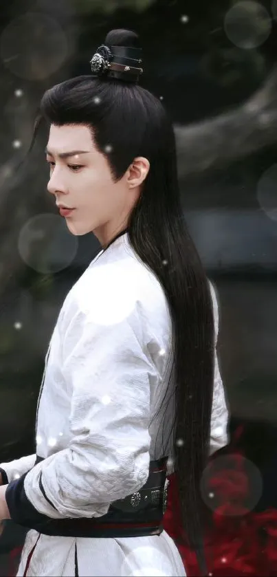 Elegant character with long dark hair in historical attire.