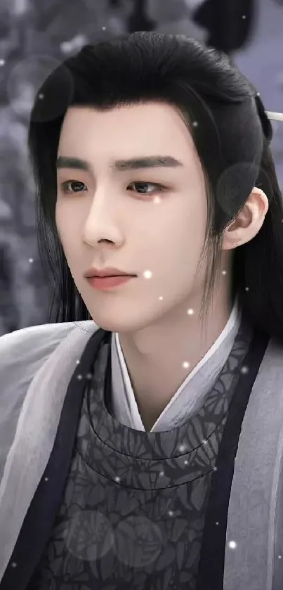 Elegant character in traditional attire, historical wallpaper.