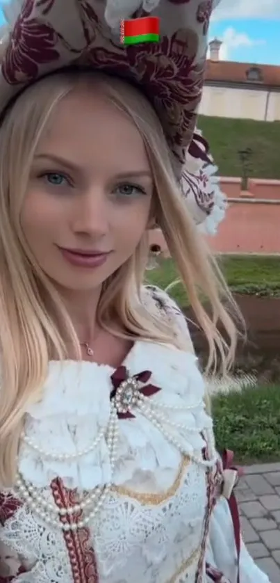 Elegant woman in historical costume posing outdoors.