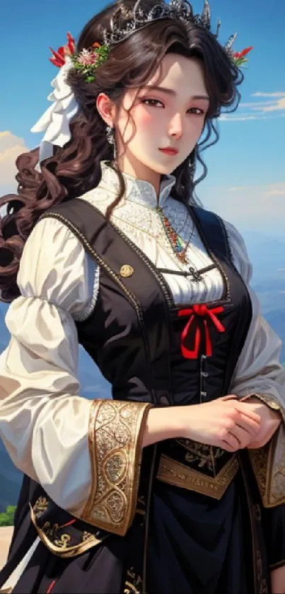 Elegant fantasy portrait of a woman with a mountainous backdrop.