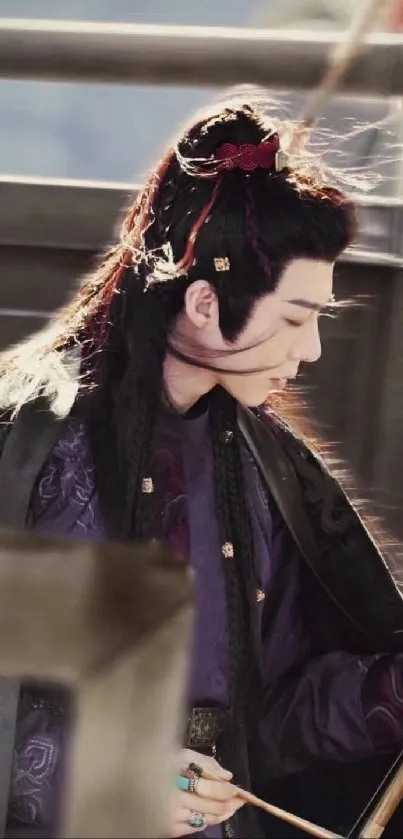 Elegant historical figure with traditional hairstyle in dark purple tones.