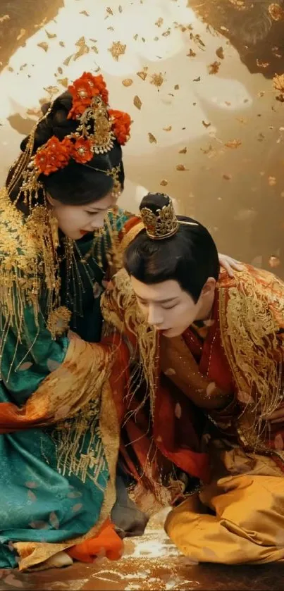 Elegant Asian historical couple in traditional attire, gold motifs.