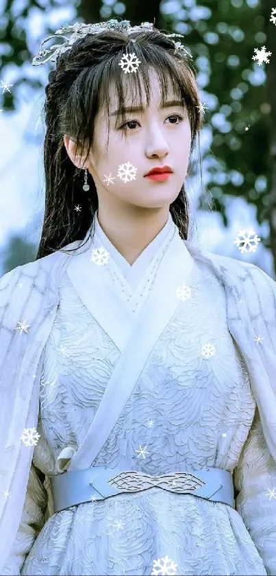 A woman in traditional attire with a serene background.