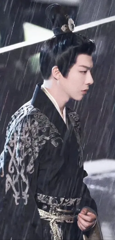 Elegant historical figure in rain, wearing traditional attire.