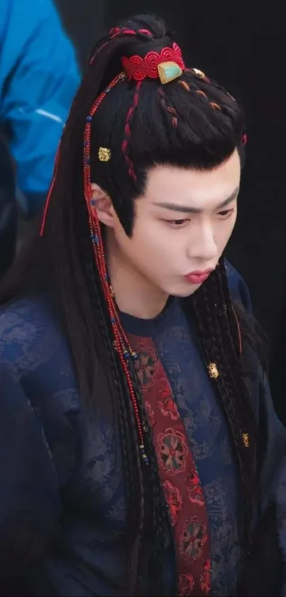 Elegant historical warrior with braided hairstyle and traditional attire.