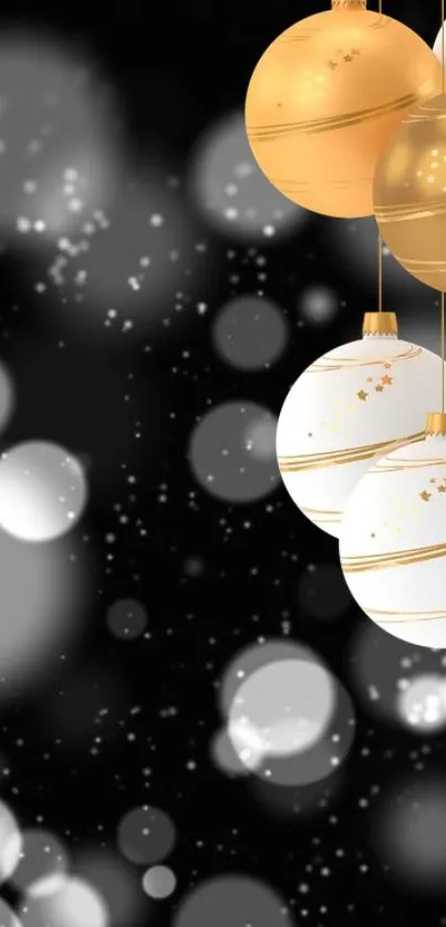 Gold and white holiday ornaments on black background mobile wallpaper.