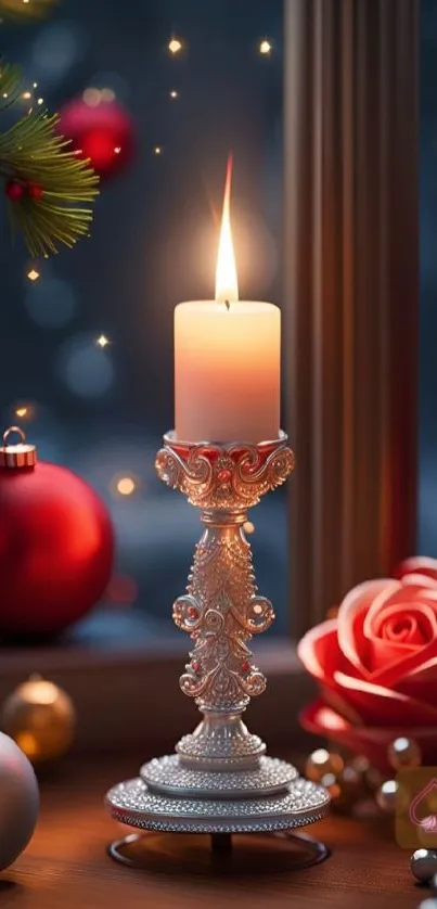 Festive wallpaper featuring a candle and holiday ornaments.