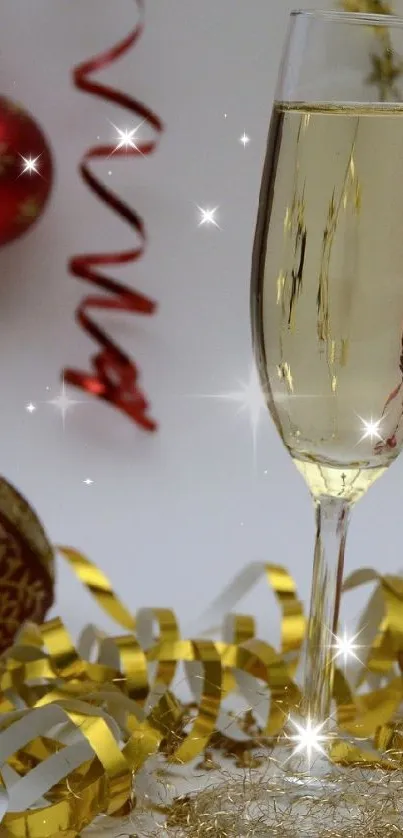 Champagne glasses with holiday ornaments and golden ribbons.