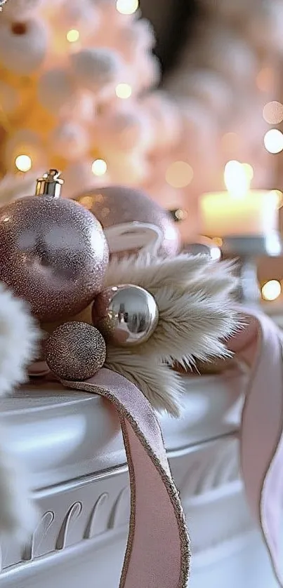 Elegant holiday decor with pink ornaments and candlelight.