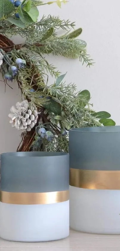 Elegant holiday decor with vases and greenery arrangement.