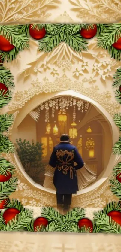 Festive holiday wallpaper with elegant design and decorations.