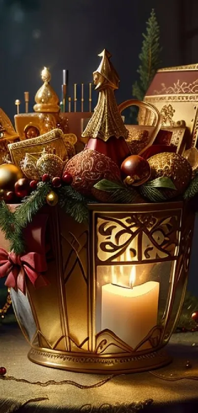 Elegant holiday gift basket with candle and festive decor.
