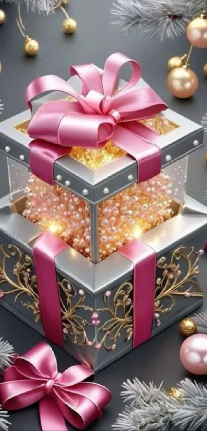 Elegant holiday gift box with pink ribbon and golden ornaments.