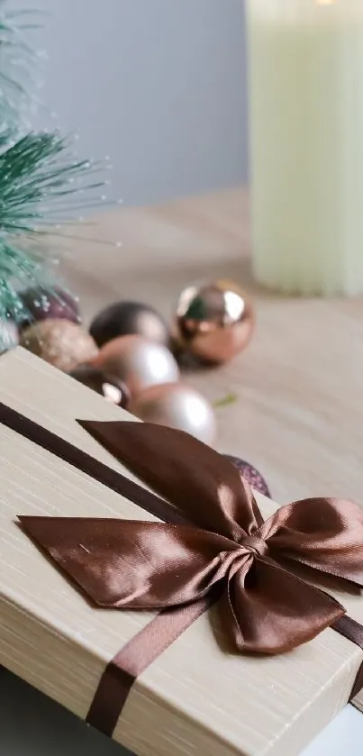 Elegant gift with brown ribbon and festive decor.