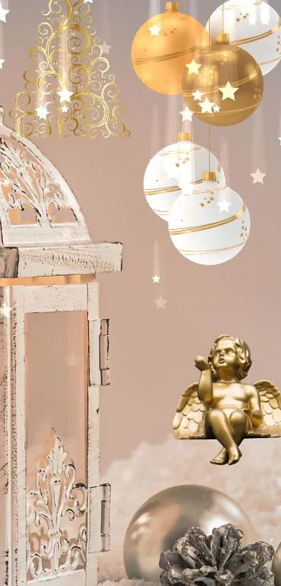 Elegant holiday wallpaper with lantern and golden ornaments.