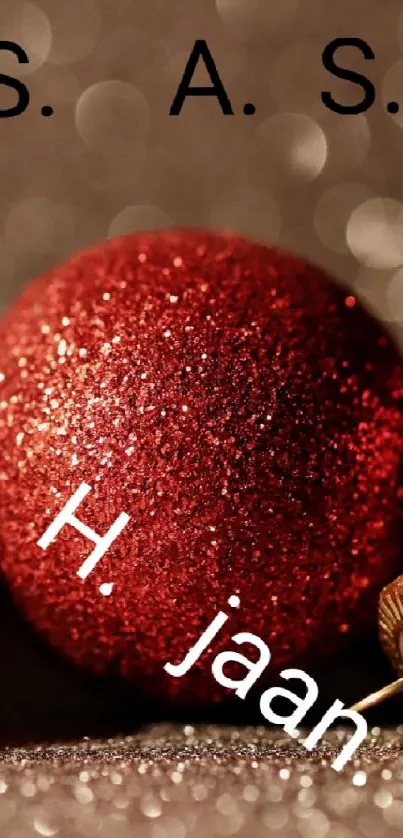 Festive red ornaments with gold caps on a sparkling background.