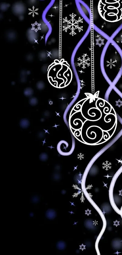 Elegant wallpaper with holiday ornaments and snowflakes on a black background.