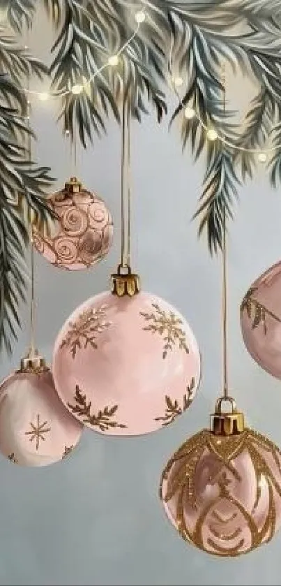 Elegant ornaments hanging from pine branches, creating a festive holiday display.