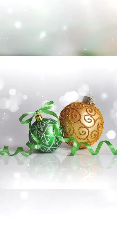 Elegant wallpaper with green and gold ornaments and festive ribbons.