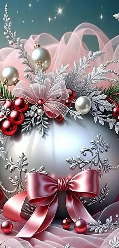 Elegant festive ornament with pink ribbon and silver accents.