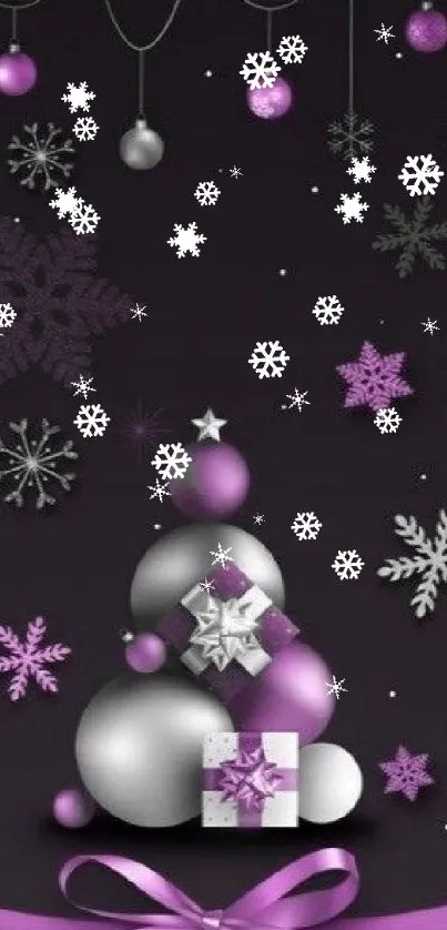 Elegant wallpaper with purple and silver ornaments and snowflakes.