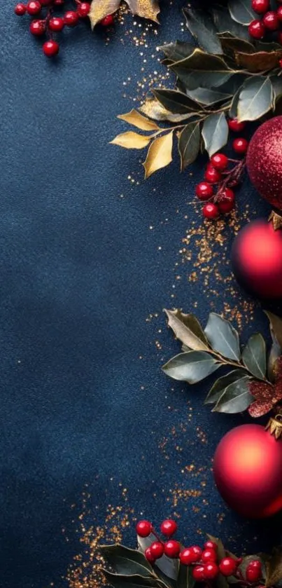 Elegant holiday wallpaper with red ornaments on blue.