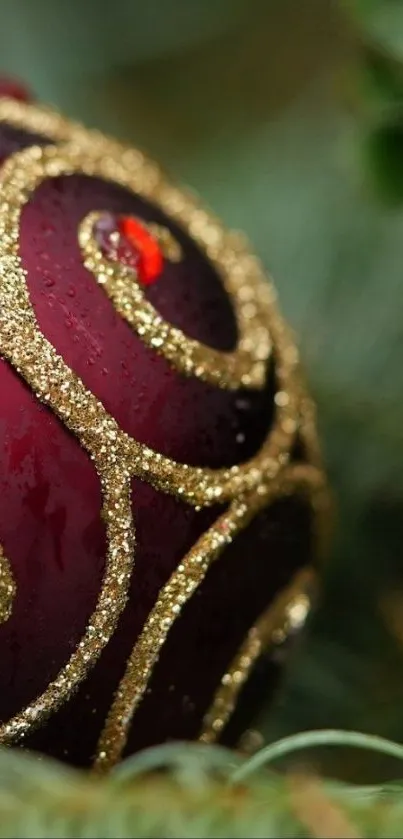 Burgundy ornament with gold swirls on pine leaves.