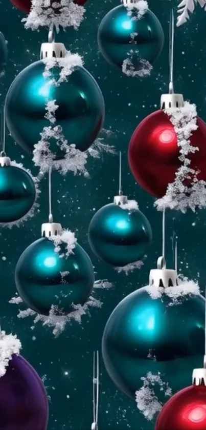 Holiday ornaments with snow accents wallpaper.