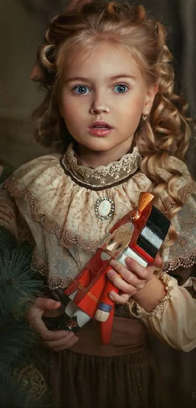 Young girl in vintage dress holding nutcracker with festive background.