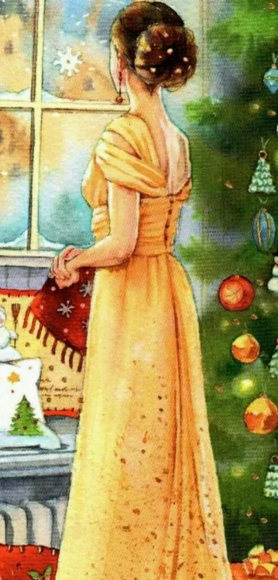 Elegant woman beside a Christmas tree in golden dress.