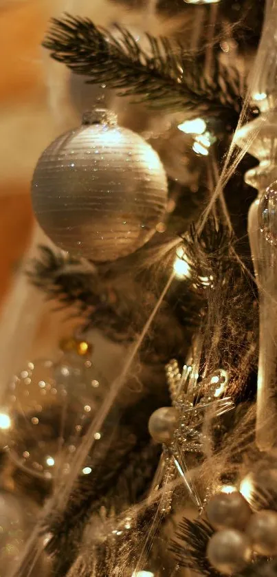 Elegant Christmas ornaments with warm lights on a festive tree.