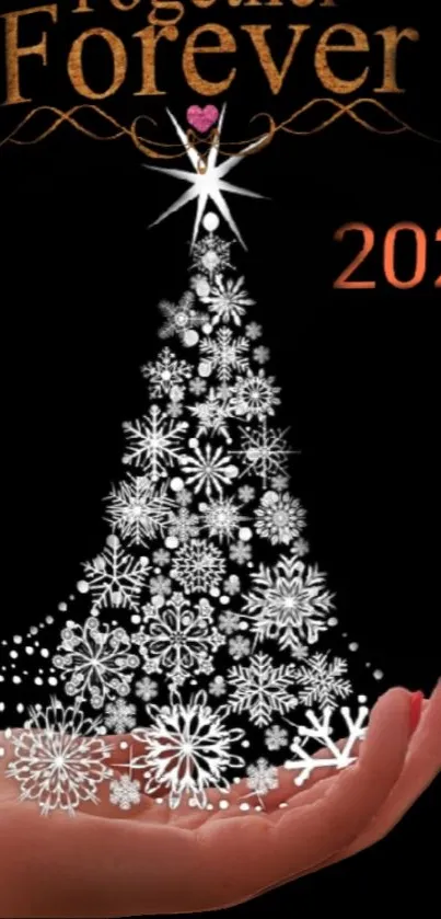 Elegant holiday tree wallpaper with snowflakes on a black background.