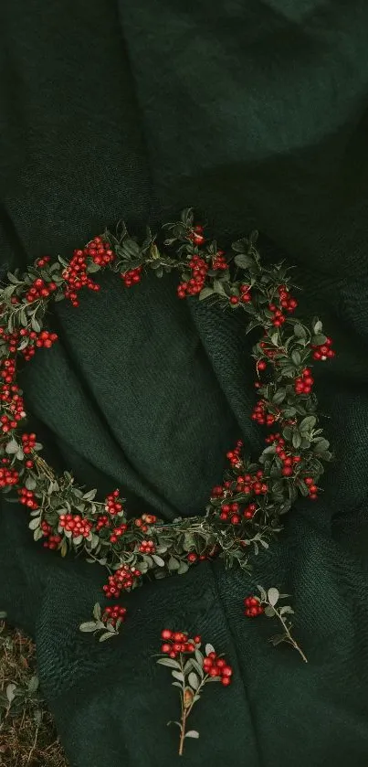 Dark green fabric with red berry wreath.