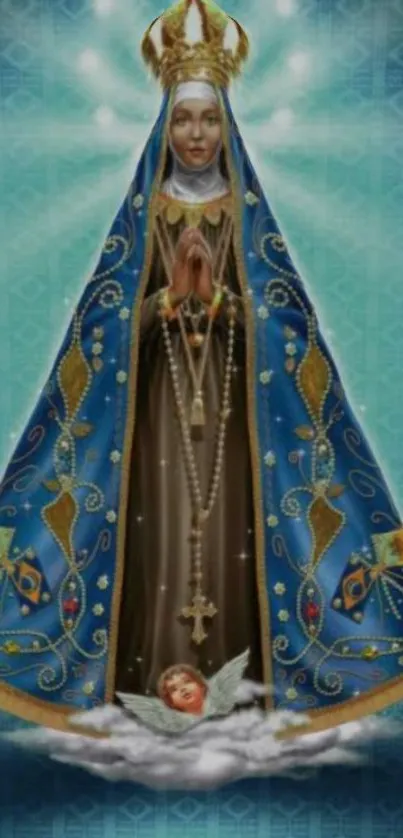 Holy figure in ornate blue robe with golden details against teal background.