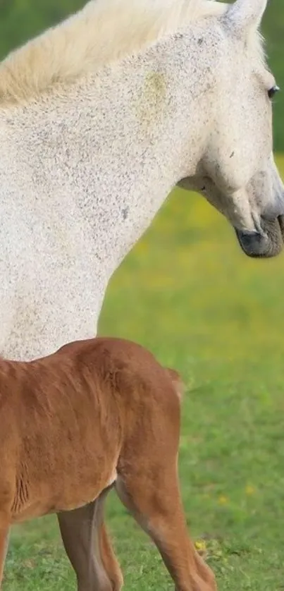 Gray horse and foal in green pasture.