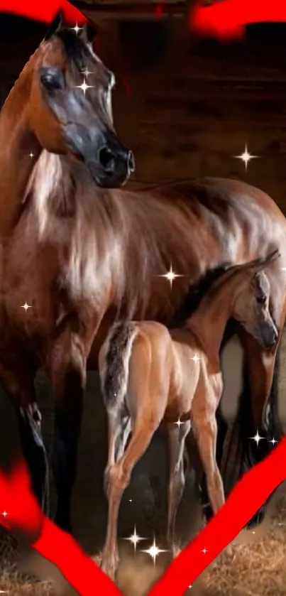 Brown horse and foal in a heart-shaped frame with sparkling effect.