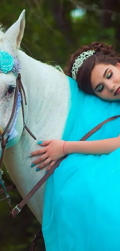 Girl in blue dress resting on white horse in nature scene.