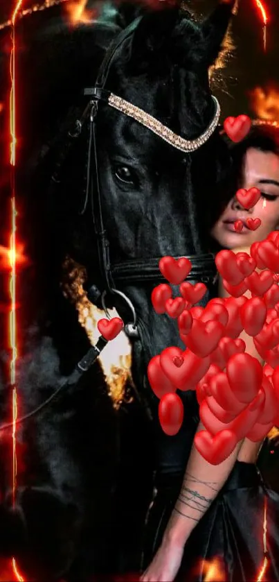 Woman embracing a black horse in an artistic mobile wallpaper.