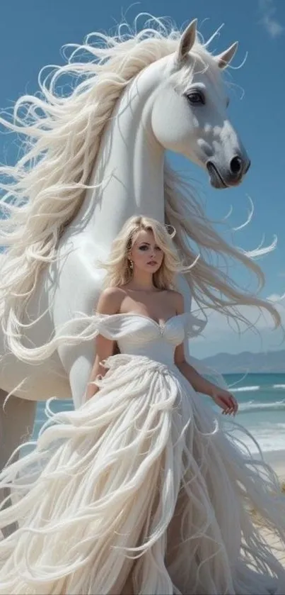 Fantasy art with a white horse and elegant woman by the beach.