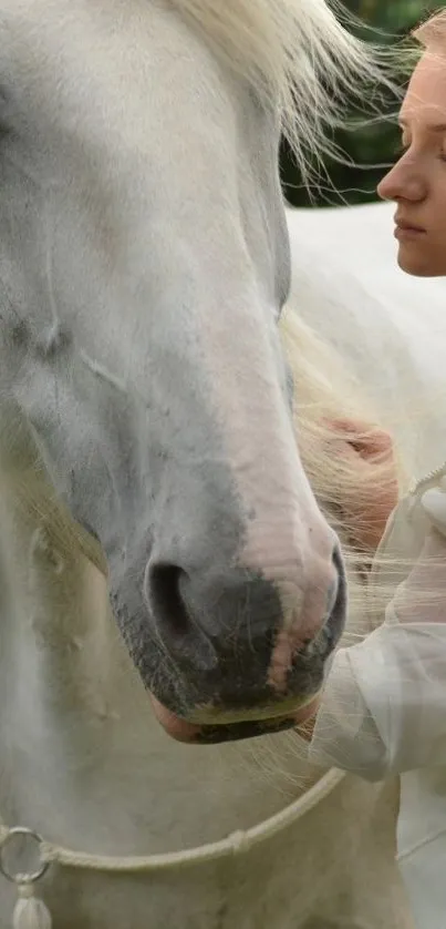 White horse and woman in serene portrait scene.