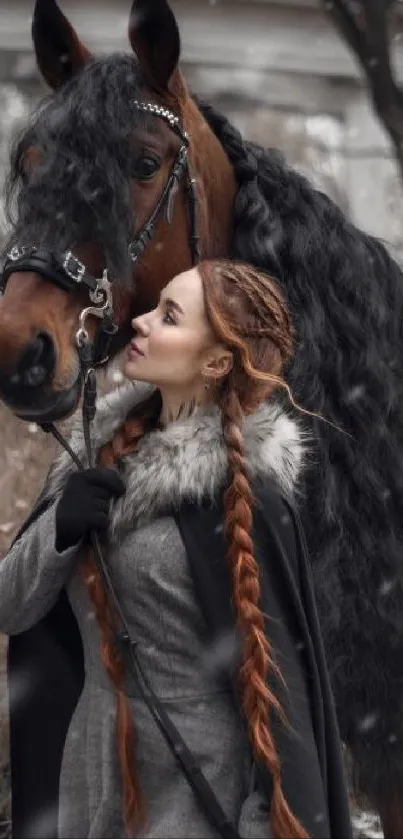 Majestic horse and elegantly dressed woman in winter landscape.