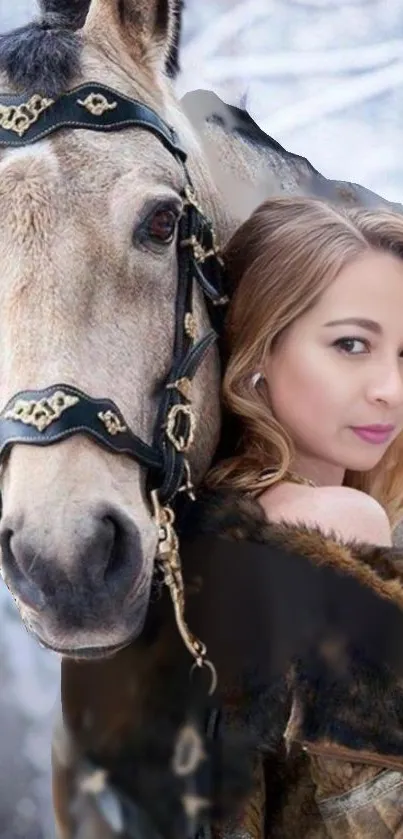 Elegant portrait of a woman with a horse in a snowy setting.