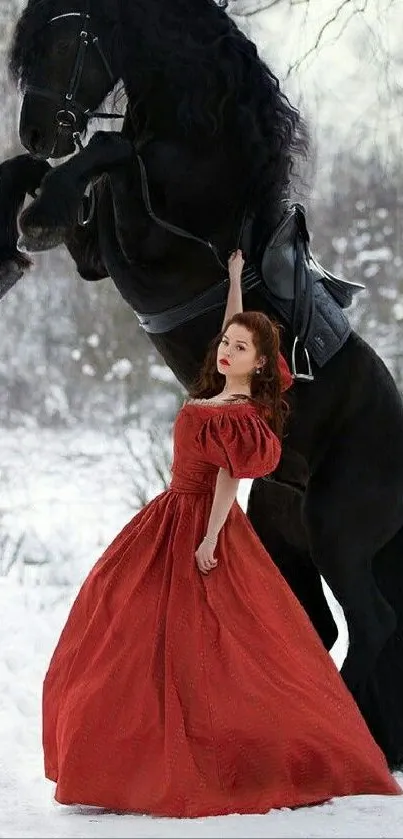 Woman in red dress with black horse in snowy landscape.