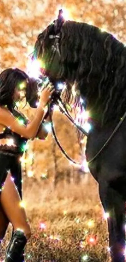 A woman and black horse in a fall setting with sparkling lights.