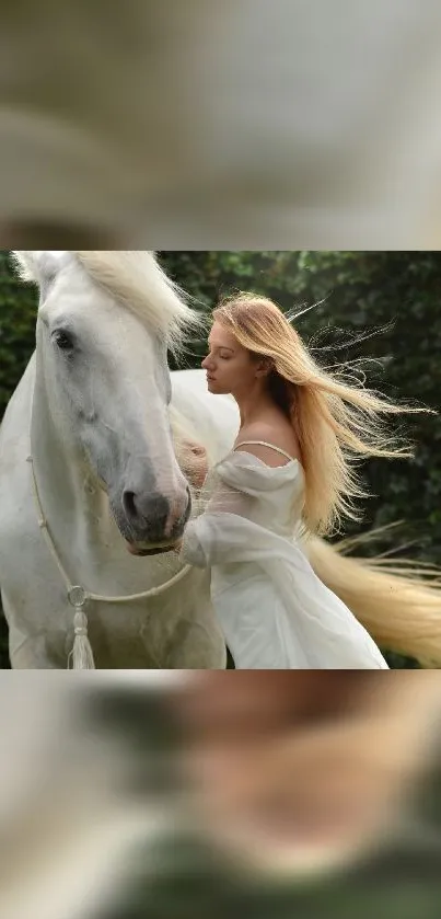 Woman in flowing dress with white horse in nature.