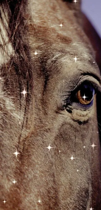 Close-up of a brown horse's face with sharp focus on the eye.